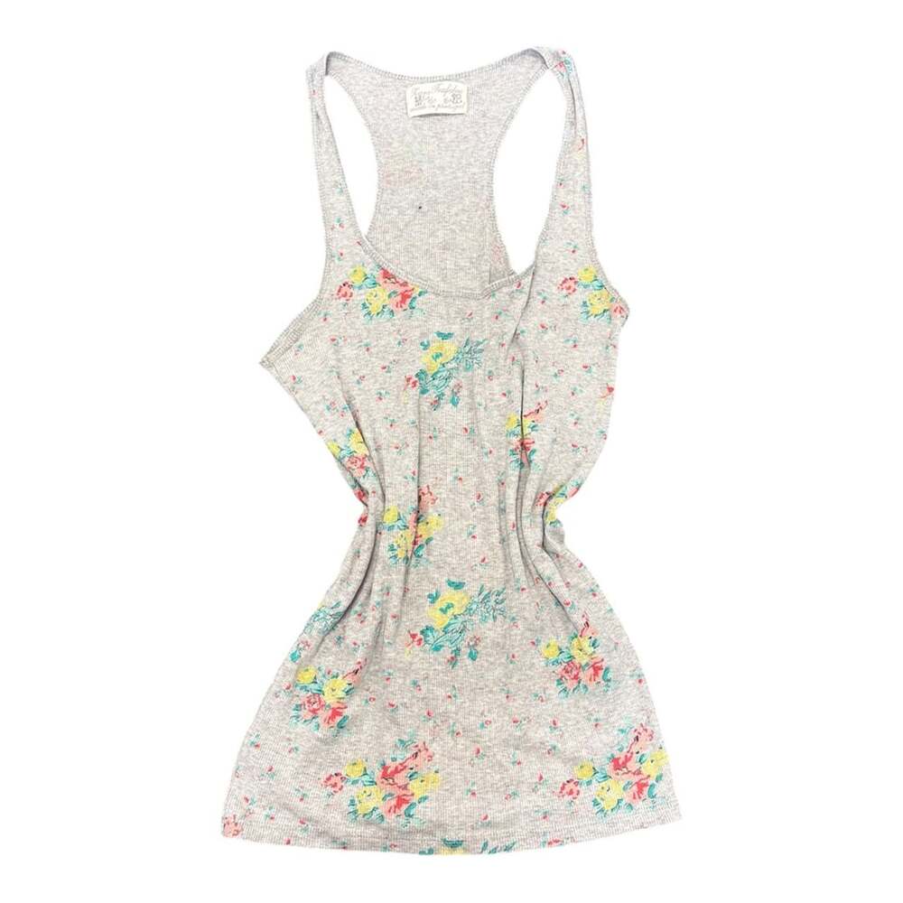 Y2K Grey Floral Print Racerback Ribbed Tank Top Size M